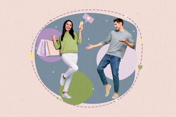 Photo art designed collage advertisement of young funny couple boyfriend celebrate with girlfriend...