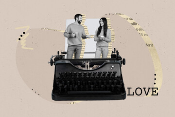 Photo of lovely young couple journalists talking conversation hold drinks big typewriter publishing...