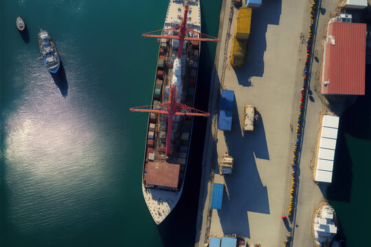 Aerial drone photo of industrial container tanker ship. Generative AI illustration.