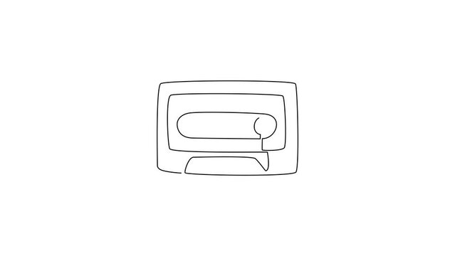Self drawing animation of single line draw retro cassette sticker icon. Cassette tape music logo symbol template. Cassette flat style banner poster emblem. Continuous line draw. Full length animated
