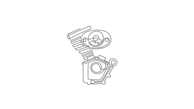 Animated self drawing of single continuous line draw motorcycle club logo with motor, bikers club logo, custom motorcycles service icon. Motorcycle engine symbol. Full length one line animation