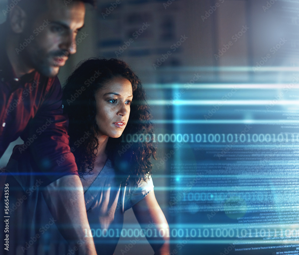 Aufkleber woman, businessman and computer in night for overlay, futuristic hologram or teamwork for coding str