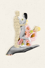 Photo collage artwork design love story march concept of young wife embracing together comfort sweethearts idyllic isolated on grey background