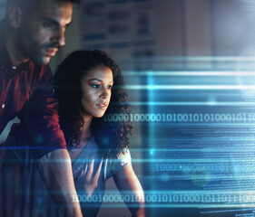 Woman, businessman and computer in night for overlay, futuristic hologram or teamwork for coding...