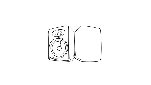 Animated self drawing of continuous one line draw music system speakers with icon logo. Musical equipment grunge image of speaker flat design elements banner poster. Full length single line animation