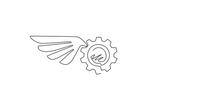 Animated self drawing of continuous line draw winged gear silver logo. Metal gear with wings. Brass round banner with metal wings, brass gears on striped steampunk. Full length one line animation