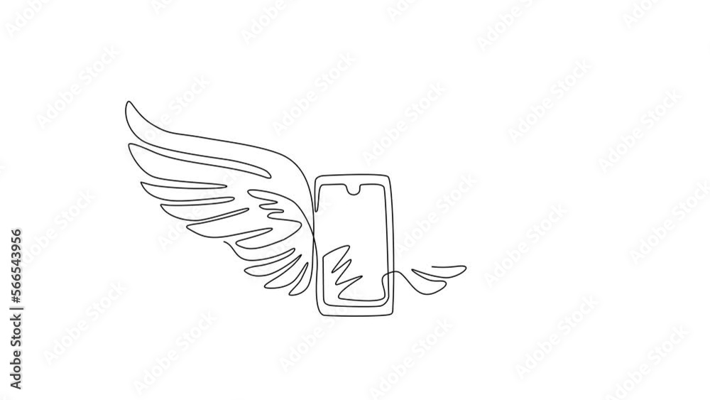 Poster animated self drawing of continuous line draw new smart mobile phone flying with wings. realistic de