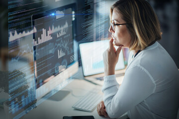 Data analytics, computer screen and woman in night for stock market research, graphs and chart analysis. Trading app, digital overlay and software information technology of business person thinking