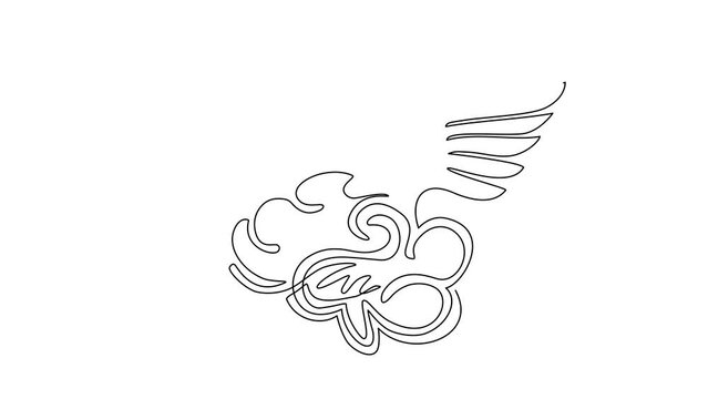 Animated self drawing of continuous line draw brain with wings fly in the sky. Flying brain icon. Brains of the dreamer. Free mind logo template design label emblem. Full length single line animation