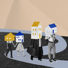 Conceptual design. People, family with two kids walking on road with houses on head. Moving to...