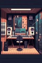 illustration cartoon music studio control room and singer booth AI generative