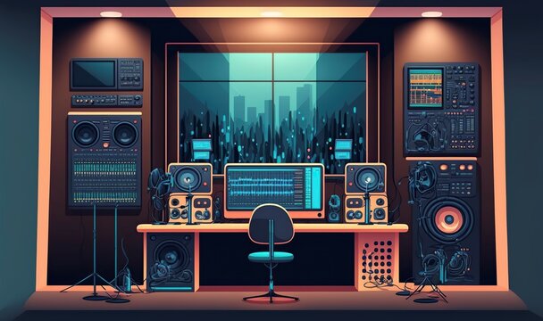 Illustration Cartoon Music Studio Control Room And Singer Booth AI Generative