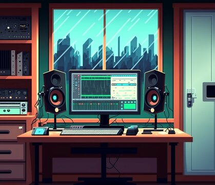 illustration cartoon music studio control room and singer booth AI generative
