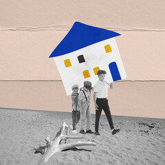 Conceptual design. Little kids, boys, brothers carrying house symbolizing moving to another place....