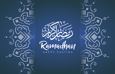 happy fasting ramadan kareem illustration with beautiful islamic ornament and abstract gradient blue background design