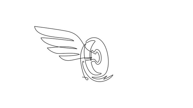 Self drawing animation of single line draw wheel with wings. Winged car tires. Design flat element for logo, label, emblem, sign, badge, t-shirt, poster. Continuous line draw. Full length animated