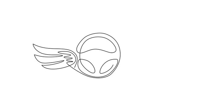 Animated self drawing of continuous line draw steering wheel with wings. Driving school logo or symbol. Design flat element for emblem, sticker, badge, label, icon. Full length single line animation