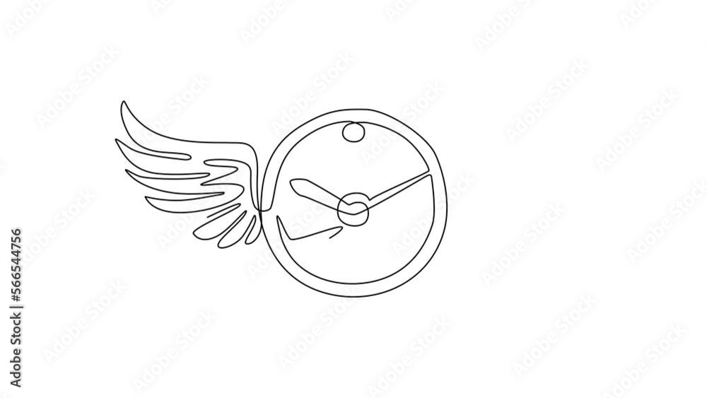 Poster self drawing animation of single line draw clock with wings flying in the sky. lost time concept. ti