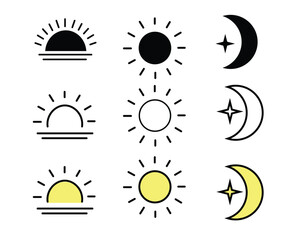 Sun and moon morning day and night time, sunrise and day and night vector icon illustration material