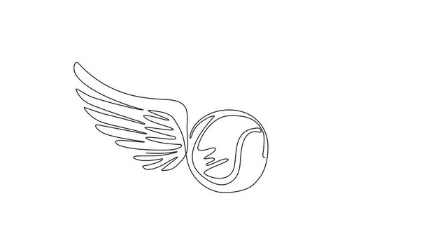 Animated self drawing of continuous line draw winged icon featuring tennis ball. Flying tennis ball with wings in sky. Moving tennis balls flying, falling isolated. Full length single line animation