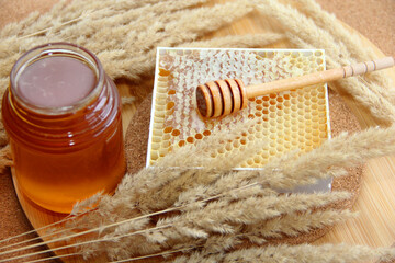 honeycombs. honey with honeycomb close-up. honey in honeycombs on a board with a wooden spoon for honey.