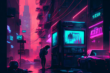 Dystopian neonpunk futuristic city street