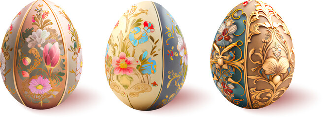 Set of realistic Easter eggs with floral tracery on a white background.The main symbols of the spring holiday. Vector Illustration.