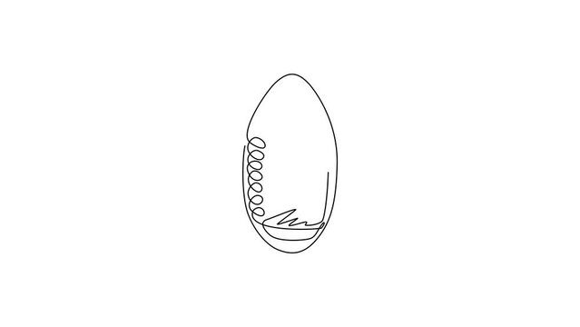 Animated self drawing of continuous line draw American football ball. Rugby sport. Stylized American Football logo, black color with white negative space stripes. Full length one line animation