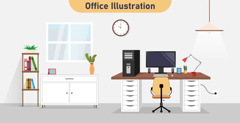 Fototapeta na wymiar Indoor home office interior. Office workstation furniture interior concept. Vector flat graphic design cartoon illustration.