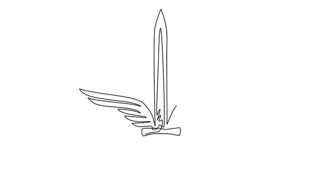 Animated self drawing of continuous line draw sword wings icon template. Black and white winged sword logo with elegant outspread wings and feathers for logo design. Full length one line animation