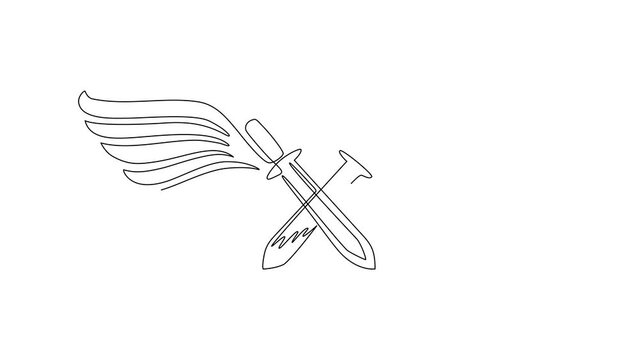 Self drawing animation of single line draw flying crossed swords. Weapon of medieval fantastic warrior. Winged two crossed swords logo with outspread wings. Continuous line draw. Full length animated