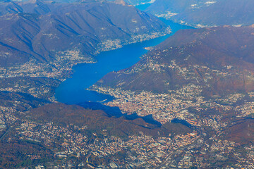 Como city at Lake Como in northern Italy . Aerial panorama of lake and city in Alps mountains