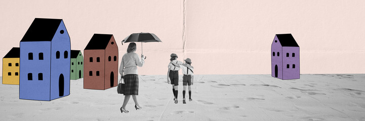 Conceptual design. Senior woman with grandsons changing houses, moving to another place. Escaping war in Ukraine. Concept of social conditions, migration, immigration, refugee help