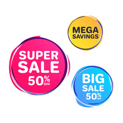Mega Savings, Super Sale and Big Sale Advertising Shopping Labels