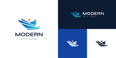 Obraz premium Abstract and Modern Ship Logo Design in Blue Gradient Style. Cruise, Yacht Logo or Icon