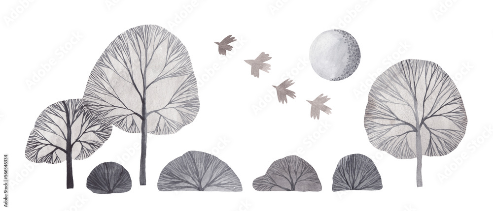 Wall mural cute set of watercolor grey trees. hand drawn illustration. large trees, bushes, birds and moon. win