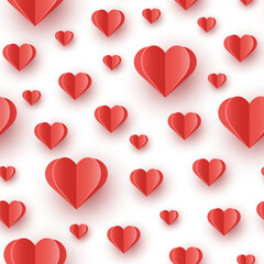 Floating hearts on white background. Seamless pattern with paper cut decorations. Design for Valentine’s Day. Vector illustration