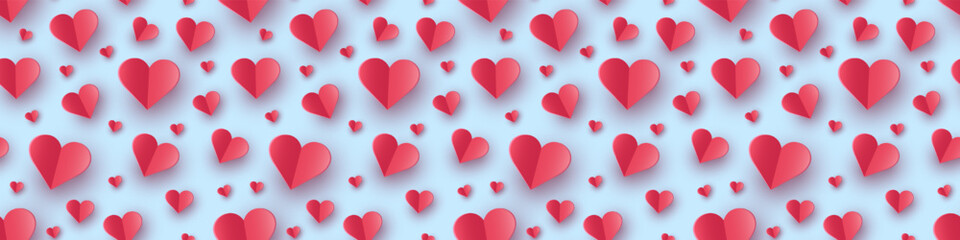 Paper cut hearts on blue background. Seamless pattern design. Banner. Vector illustration