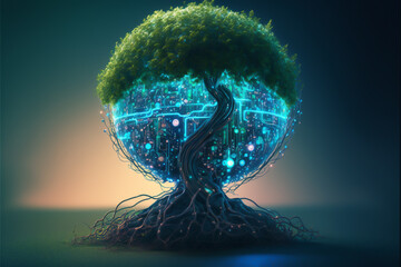 Technology and environmental sustainability concept. A tree is growing in the glass ball surrounding with digital technology. Environmental sustainability and technology development. generative ai.