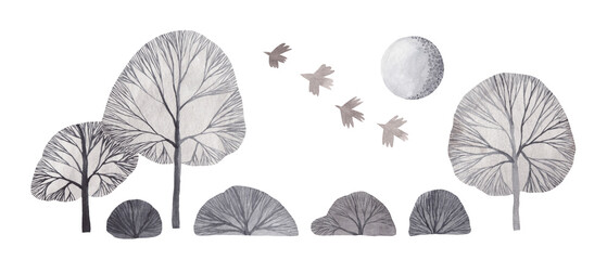 Cute set of watercolor grey trees. Hand drawn illustration. Large trees, bushes, birds and moon. Winter. Night. Isolated.