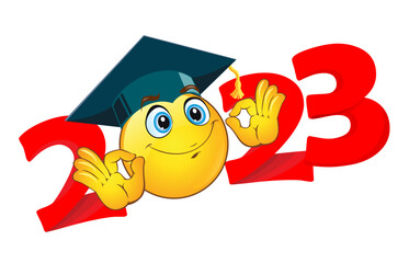 2023  emoji smile in graduation cap with ok gesturing. Template for greeting, invitation card graduation party.  Vector on transparent  background