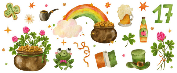 Watercolor set with St. Patrick‘s Day elements - leprechaun hat, coins, pots, rainbow, bouquet of clover, Irish flag, pipe, horseshoe, flowers, stars, beer, cider, ribbon, shamrock, frog, heart.