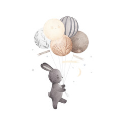Cute grey bunny with balloons. Watercolor illustration. Children's decor. Isolated.