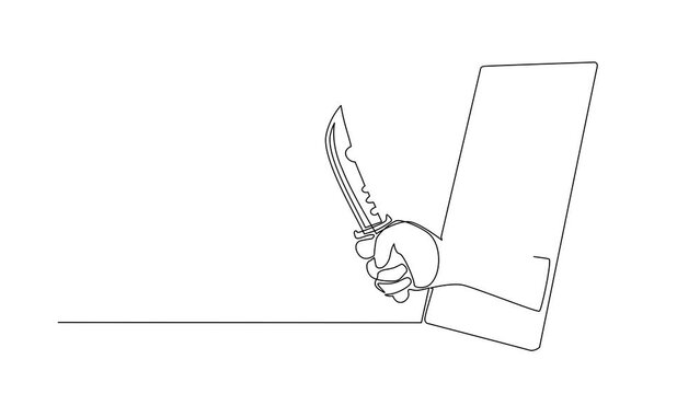Animated self drawing of continuous line draw hand hold military combat knife through mobile phone. Concept of mobile games, e-sport, application for smartphones. Full length single line animation