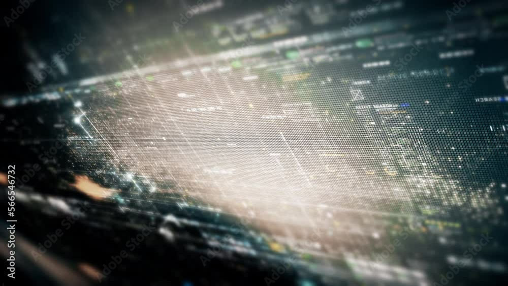 Fototapete Futuristic abstract de-focus data matrix, meta, metaverse, telemetry and encrypt numbers display with particles simulation in cyber space environment for head up display background