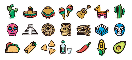 Mexico icon set (Hand-drawn line, colored version)