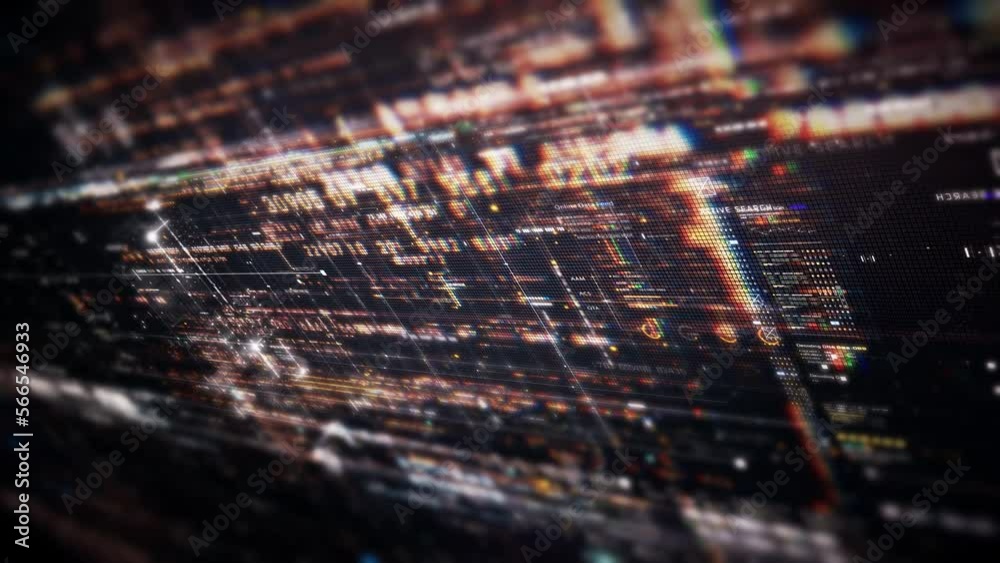 Fototapete Futuristic abstract de-focus data matrix, meta, metaverse, telemetry and encrypt numbers display with particles simulation in cyber space environment for head up display background