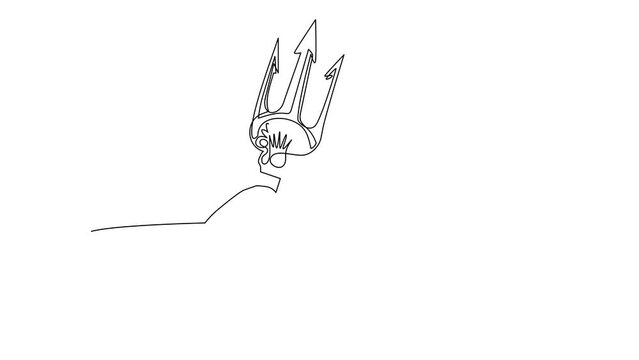 Self drawing animation of single line draw hand holding trident. Three-pronged spear, weapon of Poseidon, Neptune. Tridents style on white background. Continuous line draw. Full length animated