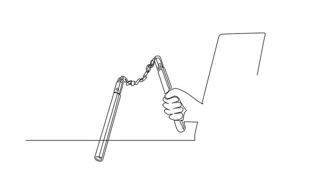 Self drawing animation of single line draw hand holding nunchaku through mobile phone. Concept of games, e-sport, entertainment application for smartphones. Continuous line draw. Full length animated