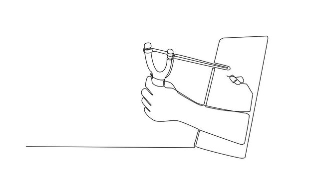 Self drawing animation of single line draw hand holding wooden slingshot through mobile phone. Concept of video games, e-sport, application for smartphones. Continuous line draw. Full length animated